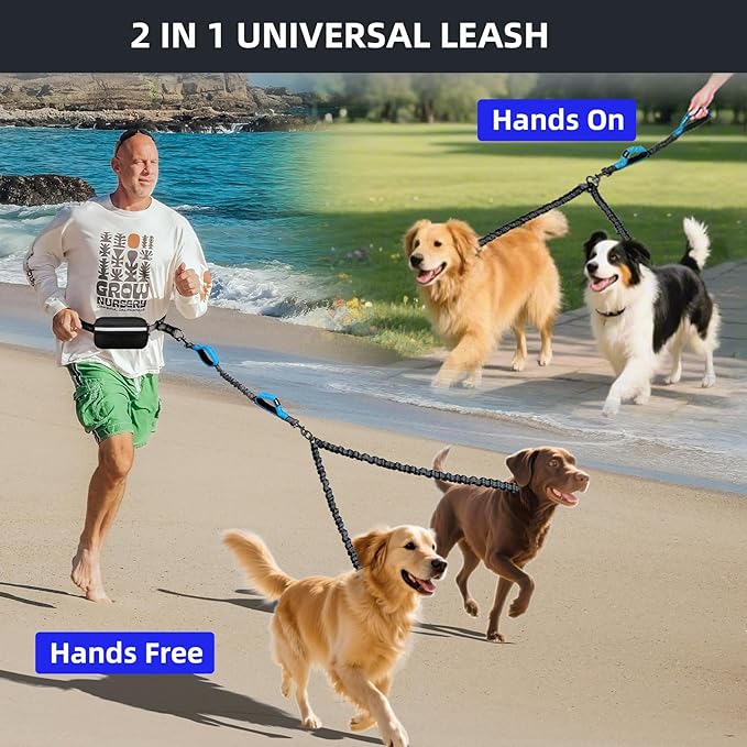 Hands Free 2 Dog Running Leash with Waist Belt, Dual Handle Elastic Bungees Retractable Rope for Small and Medium Dogs, Reflective Stitches for Walking Hiking Biking (Small Blue, 8-25lb)