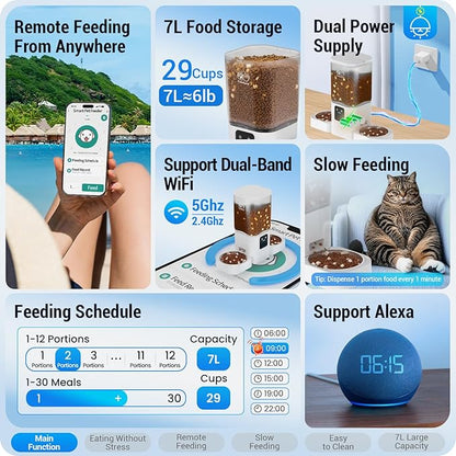 Frienhund 5G WiFi Automatic Cat Feeder 2 Cats: Dual Automatic Dog Feeder with APP Control, Cat Food Dispenser for Multiple Pets, Detachable for Easy Clean, 7L Large Food Storage -29 Cup (ACF190W-C)
