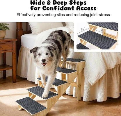 5-Step Dog Stairs for Large Dogs, Solid Wooden Dog Steps for Beds/Couch with Carpet, 24 Inches Anti-Slip Pet Stairs for High Beds, Ramp for Older/Senior Dogs, Pet Bed Stairs to Get on Bed/Sofa