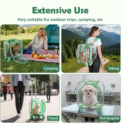 Pet Carrier with Wheels for Cats and Dogs, Clear Hard-Shell Rolling Pet Carrier with Retractable Handle, Airline-Approved Travel Carrier, Portable Cat and Dog Stroller (Green)
