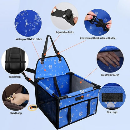 PetsHome Dog Car Seat Foldable Dog Car Booster Seat Waterproof Breathable Oxford Travel Bag for Small to Medium Dogs, Puppies, and Pets-Pattern Blue-Upgrade
