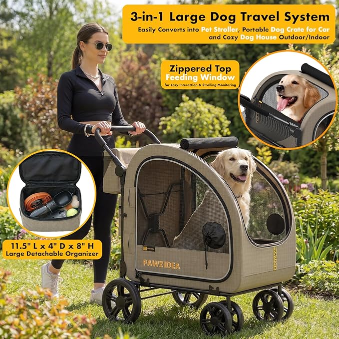 PAWZIDEA 3-in-1 Large Dog Stroller with Detachable Carrier up 100lbs, Foldable Dog Crate for Car Travel, All-Terrain Pet Stroller for 2 Medium Dogs, Jogger Wheels, Adjustable Handle, Stroage Organizer