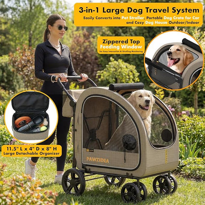 PAWZIDEA 3-in-1 Large Dog Stroller with Detachable Carrier up 100lbs, Foldable Dog Crate for Car Travel, All-Terrain Pet Stroller for 2 Medium Dogs, Jogger Wheels, Adjustable Handle, Stroage Organizer