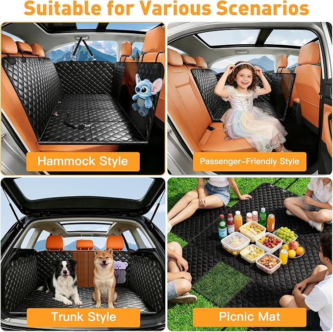 HOB4U Dog Car Seat Cover for Back Seat, Hard Bottom Back Seat Extender for Dogs, Dog Hammock for Car SUV and Trucks - Waterproof, Anti Scratch，Easy to Clean, Supports 400lbs