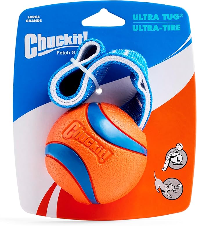 Chuckit! Ultra Tug Dog Toy - Ultra Ball on a Durable Nylon Cord Handle - Fetch and Tug-of-War Toy for Dogs - Size Large - For Breeds 60-100 lbs - 3-inch Diameter - Orange and Blue