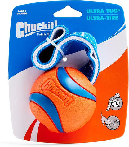 Chuckit! Ultra Tug Dog Toy - Ultra Ball on a Durable Nylon Cord Handle - Fetch and Tug-of-War Toy for Dogs - Size Large - For Breeds 60-100 lbs - 3-inch Diameter - Orange and Blue