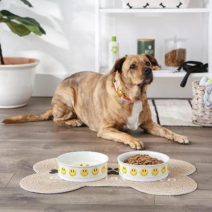 Bone Dry Ceramic Food Bowls, Non-Slip & Dishwasher Safe, Large Set, 7.5x2.4, Smiley Face, 2 Count