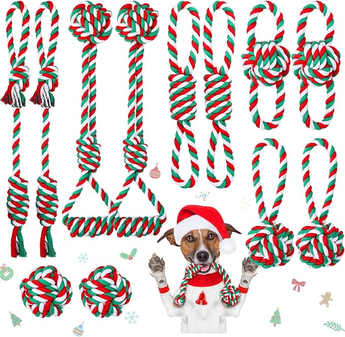 Zubebe 16 Pieces Christmas Dog Rope Toys Christmas Dog Chewing Toys Classic Interactive Toys for Christmas Large Medium Dogs Chewing Teething Cleaning and Training