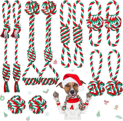 Zubebe 16 Pieces Christmas Dog Rope Toys Christmas Dog Chewing Toys Classic Interactive Toys for Christmas Large Medium Dogs Chewing Teething Cleaning and Training
