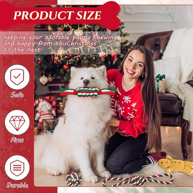 Sadnyy 9 Pcs Christmas Dog Rope Toys Gingerbread Man Reindeer Puppy Chew Xmas Toys Set Interactive Dog Stocking Stuffers, Tough for Puppy Small Medium Gifts Pet Playing Teething Cleaning
