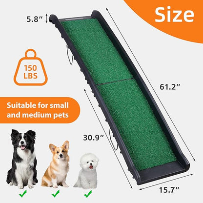 Folding Dog Car Ramps, Dog Steps for Bed, Length Portable Pet Ramp Stairs Step Ladder for Car, Truck,Non Slip Rug Surface, Dog Stairs for Large Dogs Up to 154LB (62 Inch Artificial Grass)