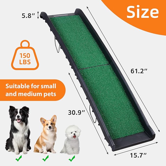 Folding Dog Ramp for Car Truck SUV 61 Inches Portable Pet Ramp with Grass Padded for Large Dogs Non Slip with Raised Siderails
