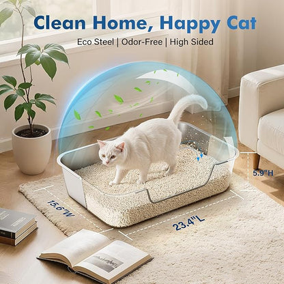 Stainless Steel Cat Litter Box with Low Entry, Large Metal Kitty Litter Box for Senior or Injured Cats, Odor-Free, Non-Stick, Easy to Clean, 23.4"x15.6"x5.9", for Multiple Cats