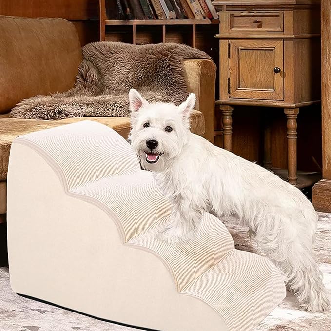 Steps for Small Dog, Dog Stairs for High Beds and Couch, 20" 4-Step High Density Foam Pet Stairs for Dogs Injured, Older Dogs Cats, Pet with Joint Pain (Beige)