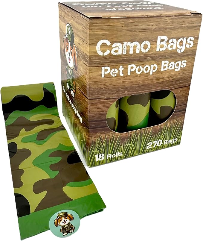 Pet poop bags with a camouflage pattern. Poop bags rolls for dog walking, dog-parks, and the yard.