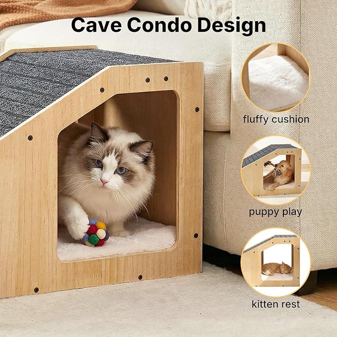 Veehoo Small Dog Ramp for Bed Couch, Wooden Ramps for Dogs to Get on Bed Couch with Cat Cave Condo Non Slip Surface and Bottom Pad, 16" Wide Doggy Stairs Puppy Steps Small Pet Ramp Ladder for Indoor