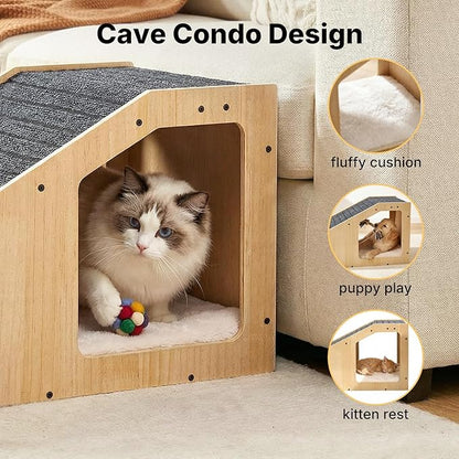 Veehoo Small Dog Ramp for Bed Couch, Wooden Ramps for Dogs to Get on Bed Couch with Cat Cave Condo Non Slip Surface and Bottom Pad, 16" Wide Doggy Stairs Puppy Steps Small Pet Ramp Ladder for Indoor