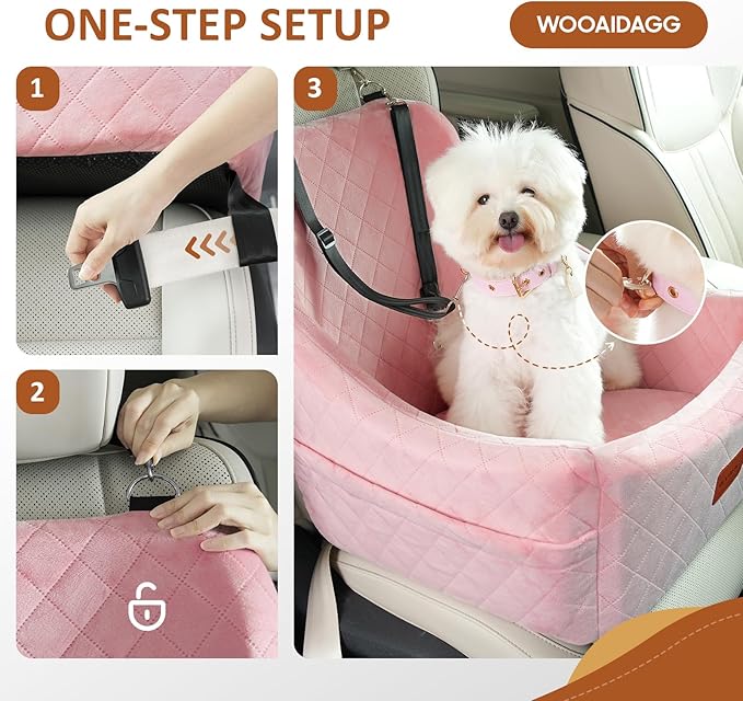 WOOAIDAGG Dog Car Seat for Medium Dogs, Pet Travel Bed with Seat Belt Channel, Fully Detachable and Washable, 3 Straps Easy to Install (Pink)