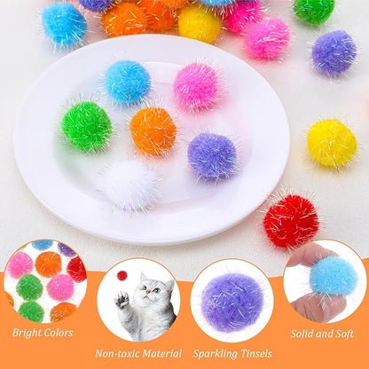 60 Pcs Cat Pom Pom Balls - 1.5 Inch Interactive Cat Ball Toy - Multicolor Sparkle Fuzzy Balls for Exercise and Entertainment