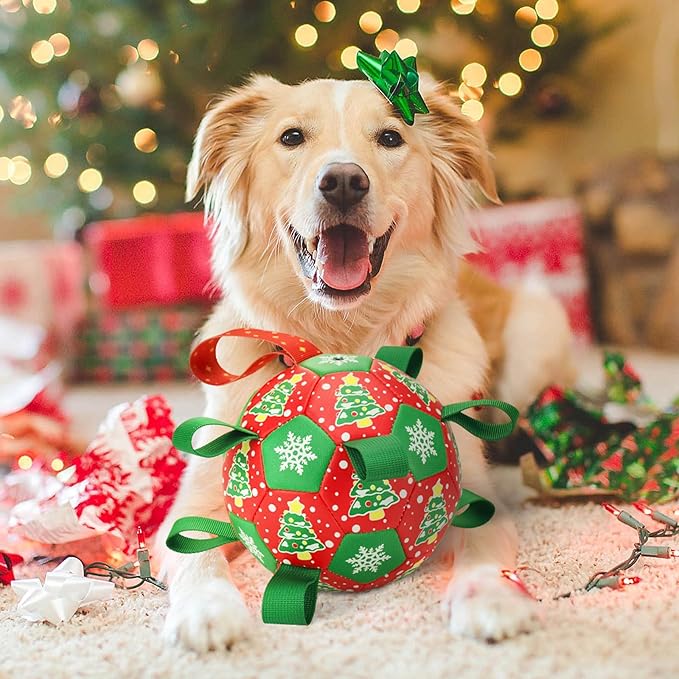 Christmas Soccer Ball Dog Toy With Straps for Interactive Play and Tug of War - Christmas Tree & Snowflower Pattern for Small, Medium, Big Dogs (6 Inches)