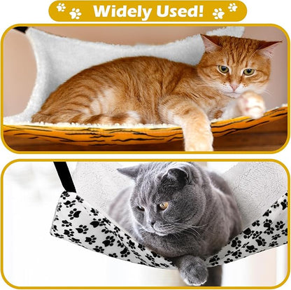 2 Pack Cat Hammock for Cage, Catio Accessories Reversible Soft Cats Bed with Adjustable Straps and Hooks Double-sided Linen and Fleece Hanging Hammock for Cats, Kitten(Zebra and Cat Paw Print,M)