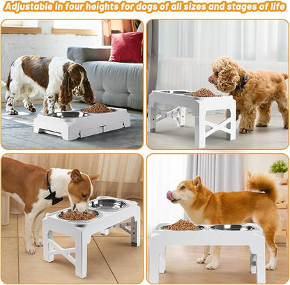 Elevated Dog Bowls with 2 Stainless Steel Food & Water Raised Bowls with No Spill Edge Non-Slip Stand Adjusts to 5 Heights(3.2", 8.77", 9.9",11.1", 12.3") for Small Medium Large Dog and Pet White