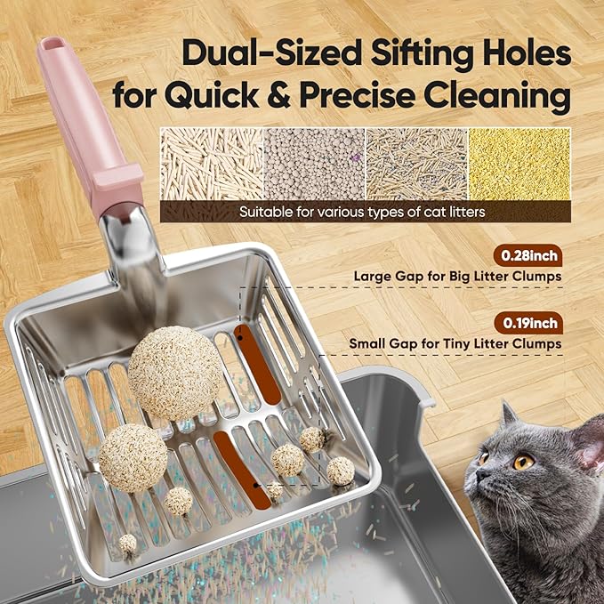 Metal Cat Litter Scoop, Large Cat Scooper with Deep Shovel & Dual Sifting Holes for Fast & Precise Sifting, Space Aluminum Kitty Litter Scooper with Long Handle & Easy-to-Hang Hook - Pink