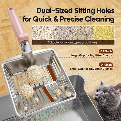 Metal Cat Litter Scoop, Large Cat Scooper with Deep Shovel & Dual Sifting Holes for Fast & Precise Sifting, Space Aluminum Kitty Litter Scooper with Long Handle & Easy-to-Hang Hook - Pink