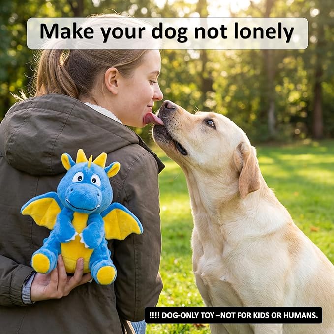 Squeaky Plush Dragon Dog Chew Toy - 8.3‘’X9‘’ Dog Toy for Small/Medium Dogs to Keep Pups Busy，Chewer Dog Toy with Crinkle Paper（Blue）