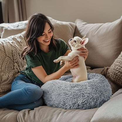 28in Large Dog Bed, Medium Size Dog and Cats, Calming Donut Bed for Puppy and Kitten, Washable Round Fluffy Pet Bed (Light Grey)