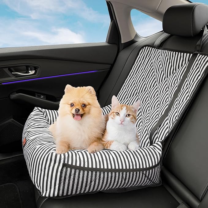 Dog Car Seat for Small and Medium Dogs, Booster Seat Sofa Pet Bed, Portable Car Travel Carrier Bed (Black Stripes,M)