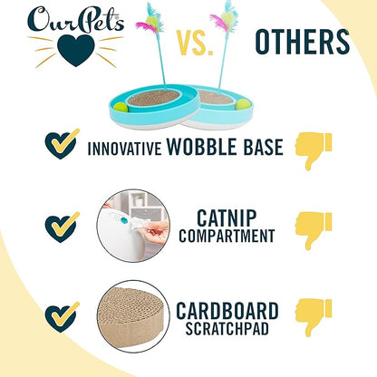 OurPets Wobble Scratch Track Cat Toy - Interactive Cat Toys for Indoor Cats with Ball Track That Rolls; Feather Wand and Scratcher Pad. Great as a Kitten Toy for Self Play to Keep Them Busy