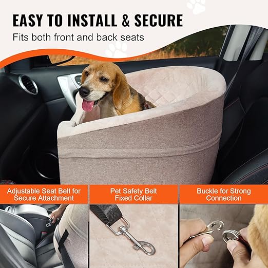 VEVOR Dog Car Seat, Waterproof Dog Booster Seat for Car with a Storage Pocket, Clip-On Safety Leash and Sponge Filling, Pet Bed for Small & Medium Dogs up to 55lbs, Brown