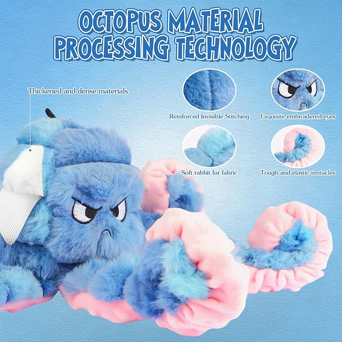 Tough Octopus Dog Toy, Interactive Squeaky & Crinkle Tug of War Toy for Aggressive Chewers, Large Durable Plush Chew Toys to Keep Dogs Busy- Crinkle Octopus, Large (Blue)