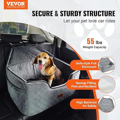 VEVOR Dog Car Seat, Dog Booster Seat for Car with A Storage Pocket, Pet Seat with Clip-On Safety Leash, Sponge Filling, Bed for Medium & Large Dogs up to 55 lbs, Gray