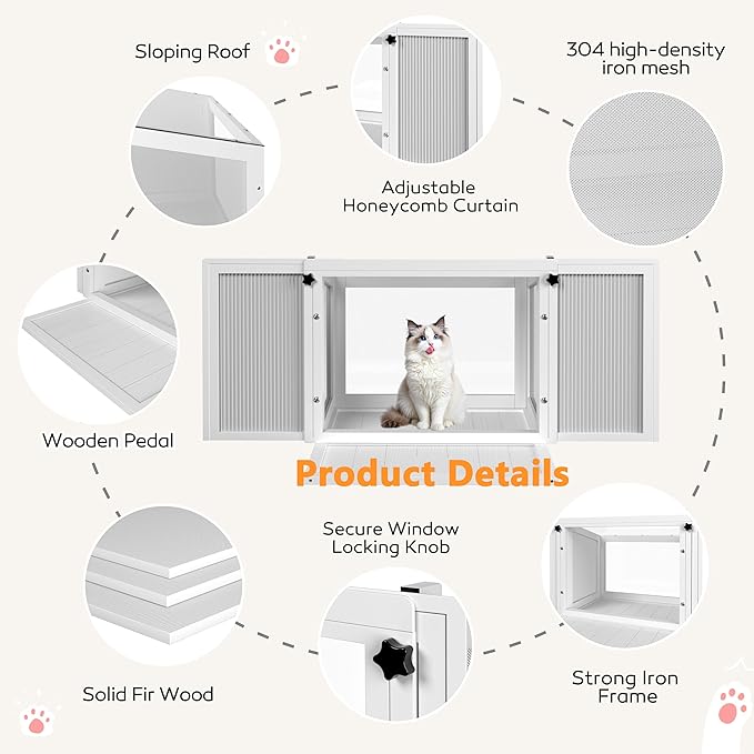MUPATER Cat Window Box, Catio Outdoor Cat Enclosure Perch, Fits Double Hung Frames 26" to 42" Wide, All-Weather Use Wooden Window Kitty House, for Napping, Sunbathing & Nature Viewing, White