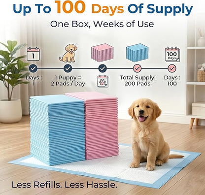Dog Pee Pads 200 Count (Up to 100 Days) 23x23” – MoMoCo Dual Color (Pink & Blue) Super Absorbent 6-Layer Leak-Proof Puppy Training Pads, Bulk Value Pack for Multi-Pet Homes
