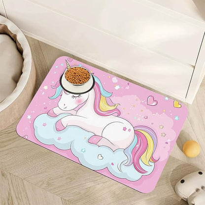 Cute Unicorn Dog Food Mat for Floors,Cloudy Pink Stars Absorbent Pet Food and Water Bowl Mats,Non-Slip Pet Feeding Mat,Pet Supplies 16" x 24"