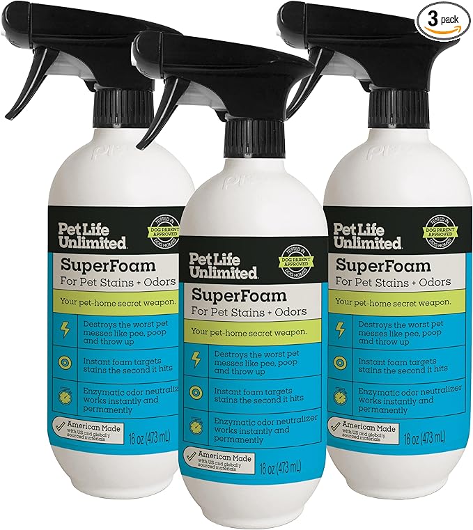 Pet Life Unlimited SuperFoam Spray, Carpet and Surface Cleaner for Dog Urine, 16 oz, Strong Odor & Stain Remover, Plant-Based Formula, Natural Juniper Leaf Scent, Two-Way Spray, USA Made (Pack of 3)