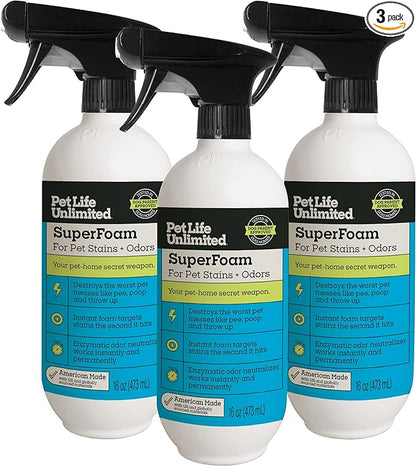 Pet Life Unlimited SuperFoam Spray, Carpet and Surface Cleaner for Dog Urine, 16 oz, Strong Odor & Stain Remover, Plant-Based Formula, Natural Juniper Leaf Scent, Two-Way Spray, USA Made (Pack of 3)