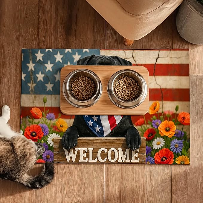 4th of July Flag Dog Pet Food Mat Independence Day Spill-Proof Pet Feeding Mat Welcome Dog Bowl Mats Pets Placemat Cat Food Mats for Home Decor 24" x 16"