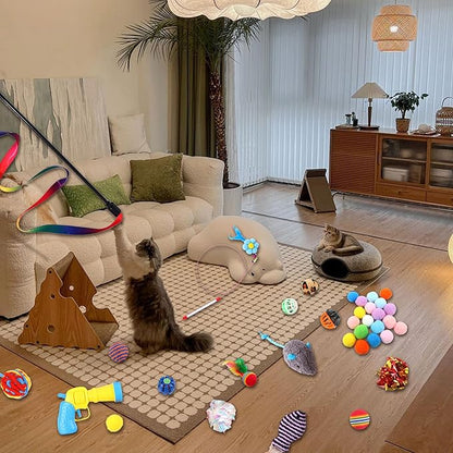 42 Pcs Cat Toys, Interactive Kitten Toy for Indoor Cats, Variety Small Balls and Launcher, Feather and Teaser Wand Toy, Crinkle Balls Springs Mouse Toys for Cat, Puppy, Kitty