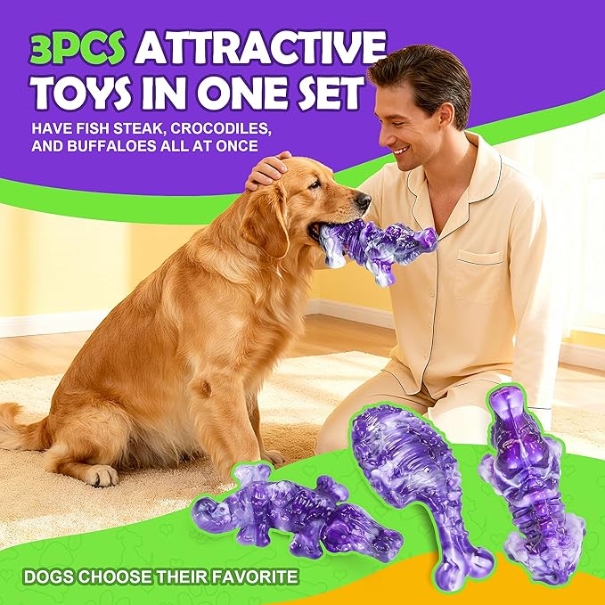 Dog Chew Toys for Aggressive Chewers,3 PCS Tough Dog Toys for Medium and Large Breed, Real Bacon Flavored Best Dog Toys to Keep Them Busy, Reduce Boredom, Hard Dog Bones for Teeth Cleaning (Purple)