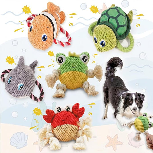 5 Pack Ocean Dog Toys Rope Plush Interactive Squeaky Rope Tug of War Dog Toys for Small Medium Large Dogs