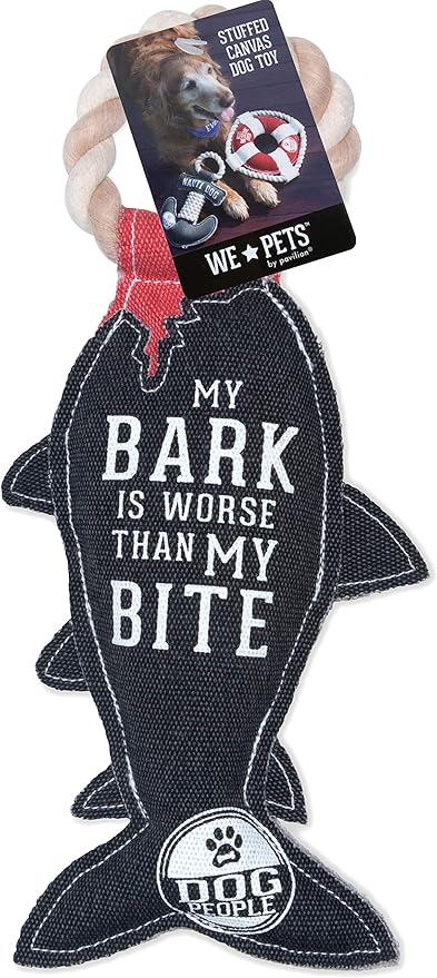 Pavilion Gift Company - My Bark is Worse Than My Bite - 13 Inch Large Canvas Tug of War Shark Shaped Dog Rope Toy - Sturdy & Durable