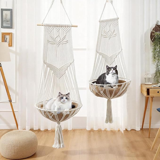 Macrame Cat Hammock-Boho Cat Bed Cotton Wall Hanging for Indoor Outdoor Home Decor, Macrame Cat Bed Hanging for Sleeping, Playing, Climbing and Lounging 49.2" Lx15.74 W