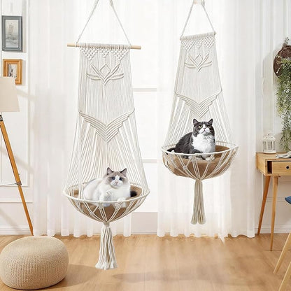 Macrame Cat Hammock-Boho Cat Bed Cotton Wall Hanging for Indoor Outdoor Home Decor, Macrame Cat Bed Hanging for Sleeping, Playing, Climbing and Lounging 49.2" Lx15.74 W