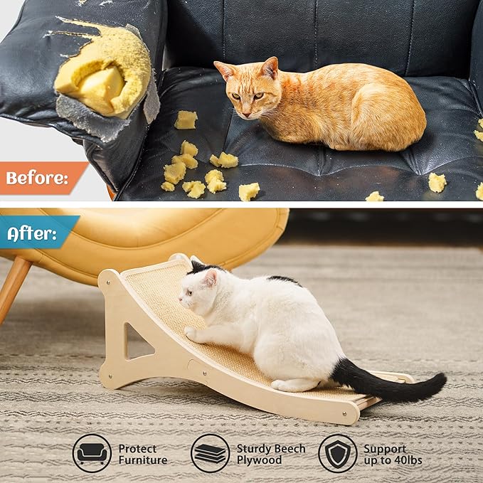PETKARAY Curved Cat Scratcher, Sisal Kitty Scratching Ramp, L Shape Scratch Pad for Indoor Cats, 25.6" Furniture Protector with Mouse Toy
