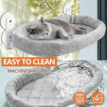 Collapsible Window Perch for Indoor Cats, Large Cats & Kittens - Equipped with a Cat-Catching Stick, Solid Metal Frame, Soft Cover, Strong 4 Suction Cup Wall Mount