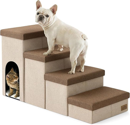 Dog Stairs with Storage, 4-Step Wider Sturdy Dog Steps for Small/Medium/Large Dogs and Older Cats, Doggie Ramp with Condo for Bed/Couch/Car Hold Up to 180 lbs (22.6" H, Brown)